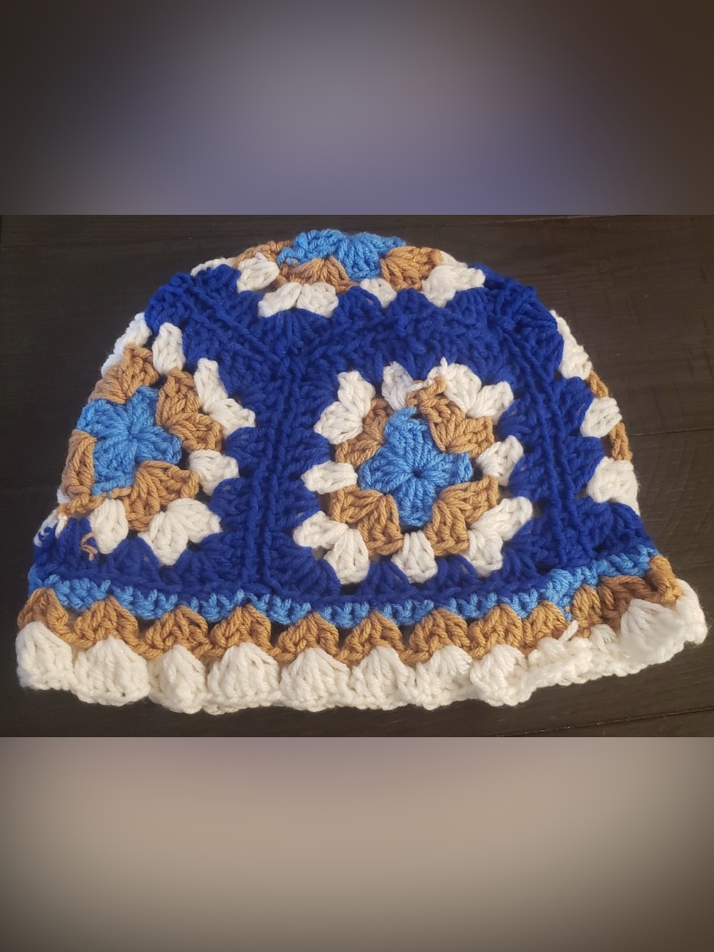 Handmade unisex Crochet Beanie - Blue, White & Tan